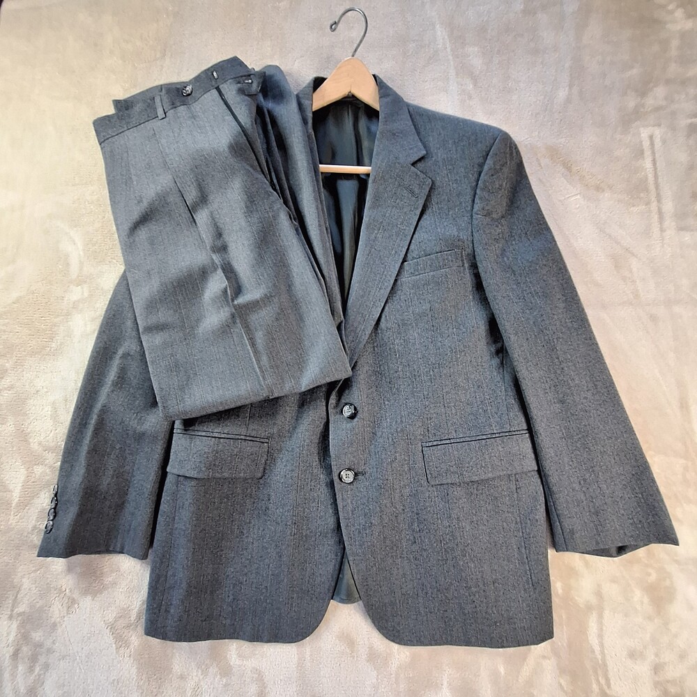 Evan Picone Suit Mens 42L Gray Wool 2 Piece Jacket Pants Made USA Classic Office